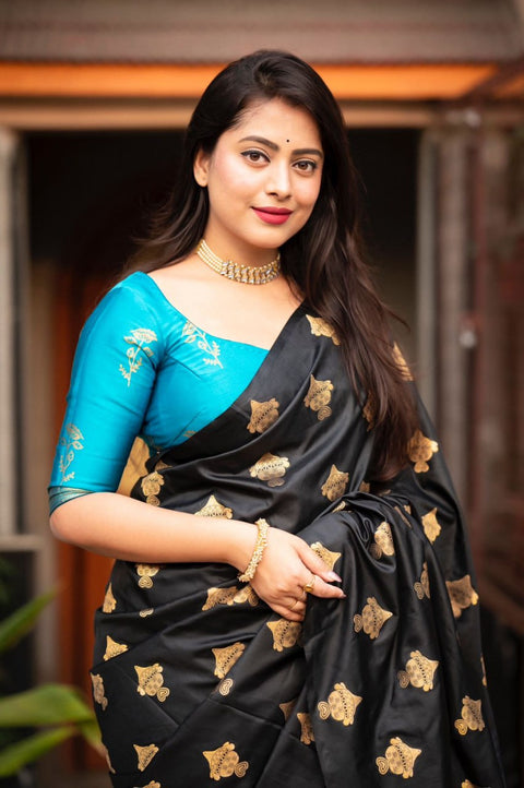 Black Banarasi Soft Silk Saree with Gold Zari Floral Motifs & Turquoise Blue Brocade Pallu