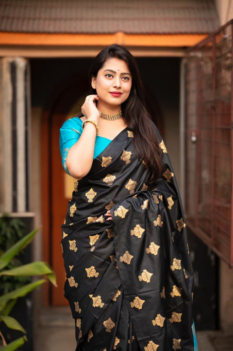 Black Banarasi Soft Silk Saree with Gold Zari Floral Motifs & Turquoise Blue Brocade Pallu