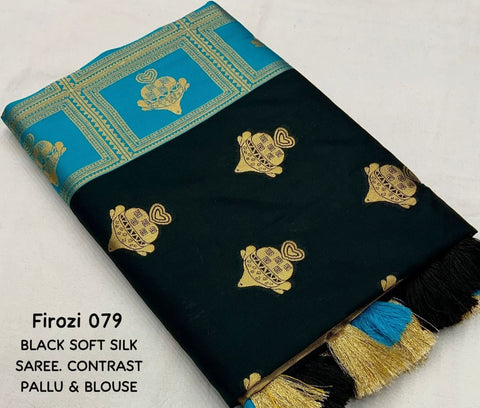 Black Banarasi Soft Silk Saree with Gold Zari Floral Motifs & Turquoise Blue Brocade Pallu