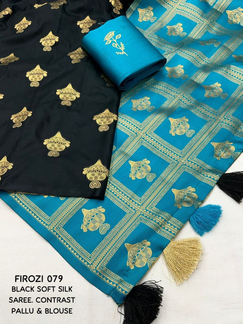 Black Banarasi Soft Silk Saree with Gold Zari Floral Motifs & Turquoise Blue Brocade Pallu