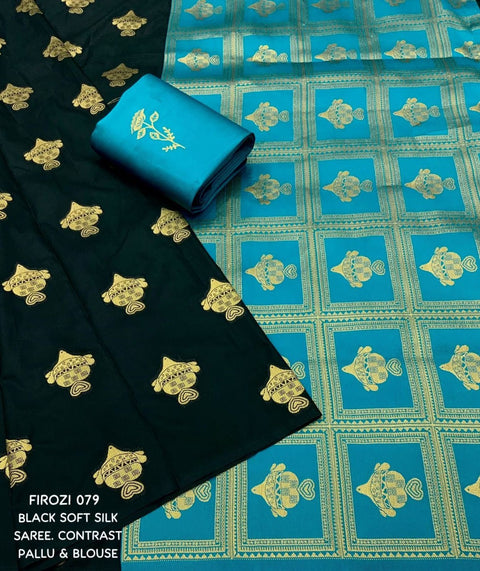 Black Banarasi Soft Silk Saree with Gold Zari Floral Motifs & Turquoise Blue Brocade Pallu