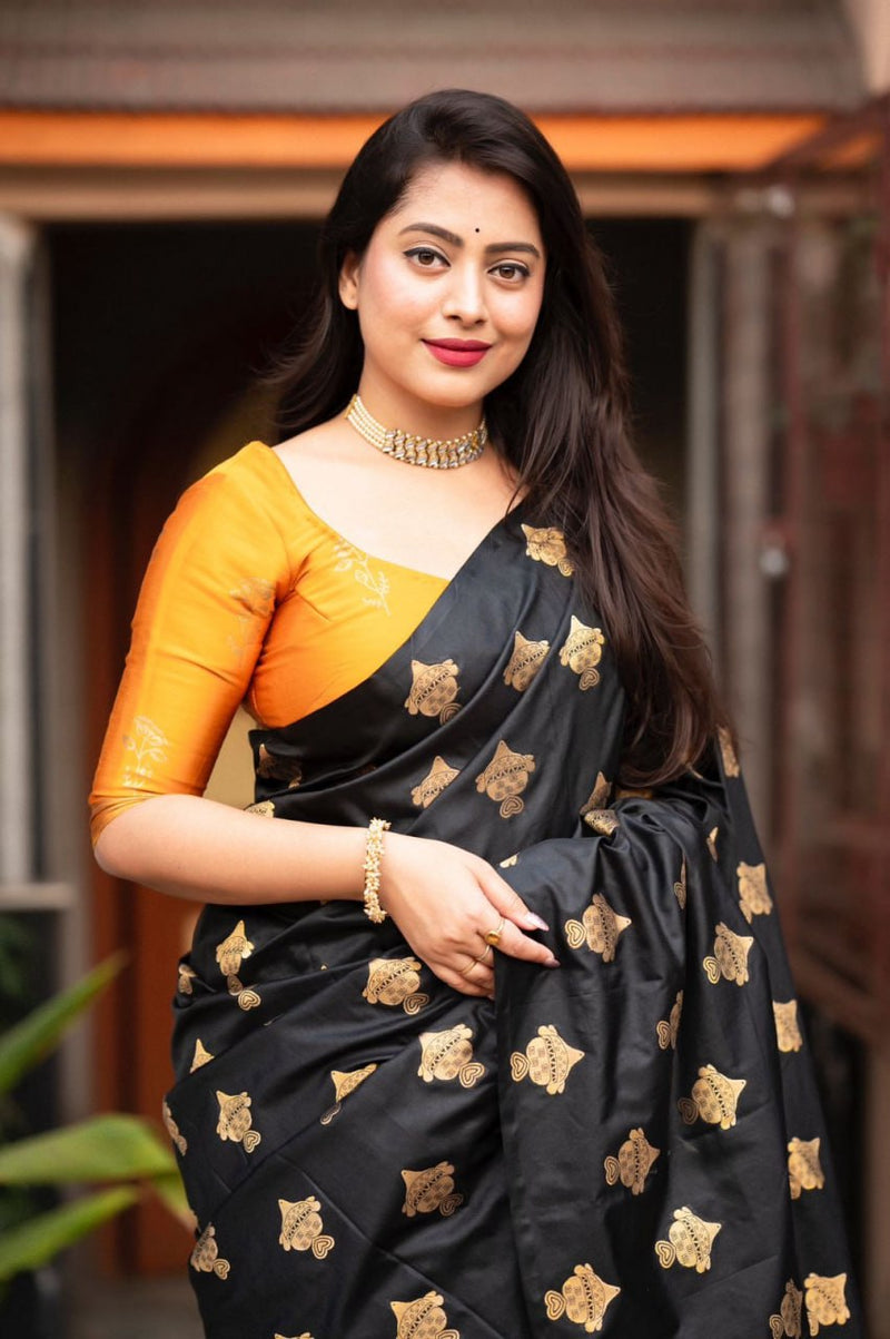 Black Banarasi Soft Silk Saree with Gold Zari Floral Motifs & Rich Brocade Pallu