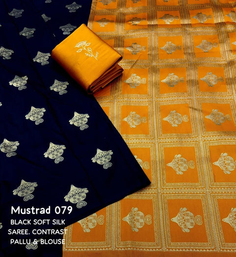 Black Banarasi Soft Silk Saree with Gold Zari Floral Motifs & Rich Brocade Pallu