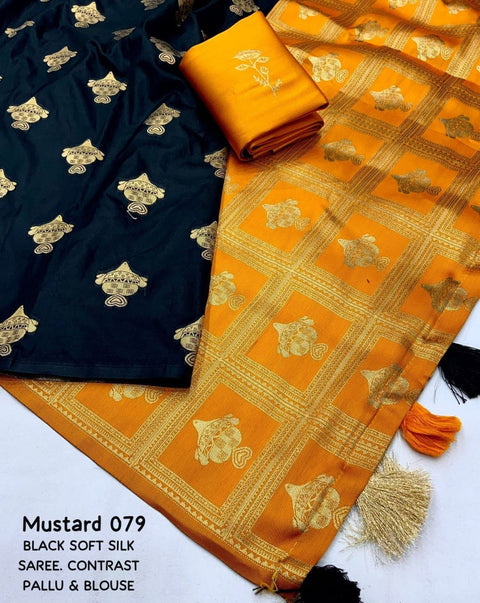 Black Banarasi Soft Silk Saree with Gold Zari Floral Motifs & Rich Brocade Pallu