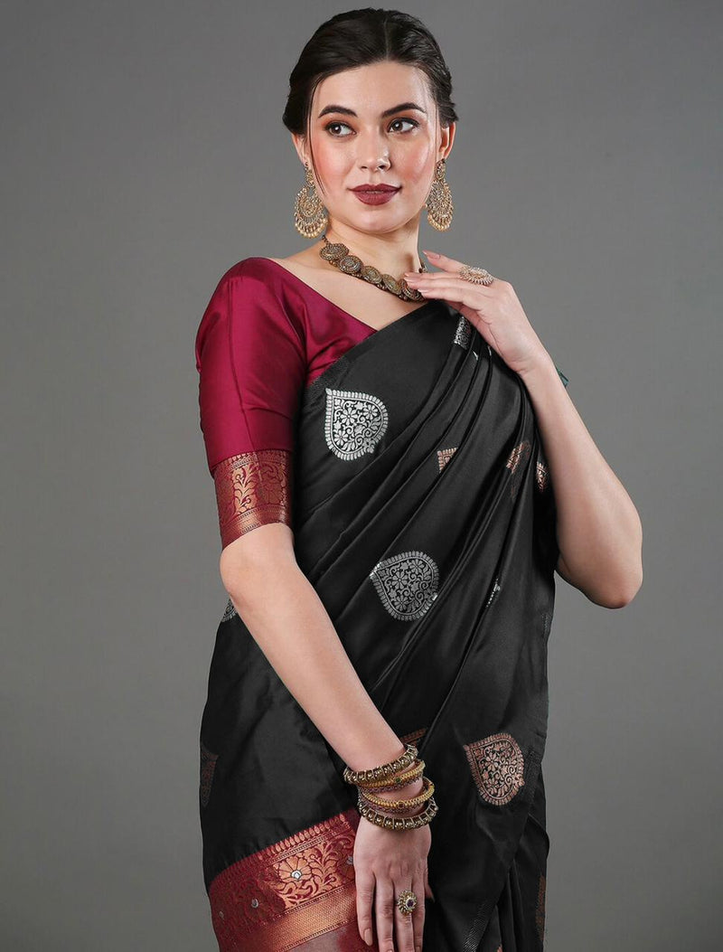 Black Banarasi Soft Silk Saree with Copper & Silver Zari – Wedding & Festive Wear