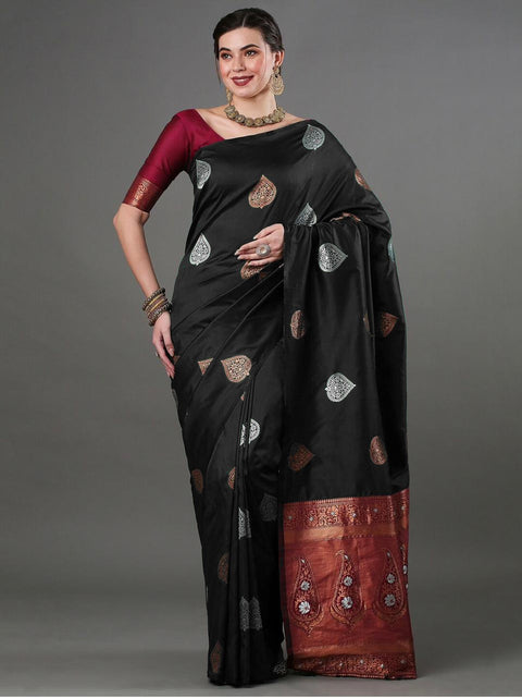 Black Banarasi Soft Silk Saree with Copper & Silver Zari – Wedding & Festive Wear