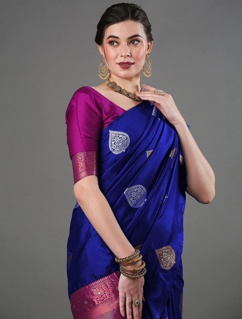 Blue Banarasi Soft Silk Saree with Copper & Silver Zari – Wedding & Festive Wear