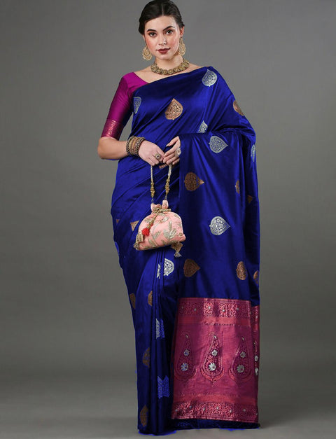 Blue Banarasi Soft Silk Saree with Copper & Silver Zari – Wedding & Festive Wear