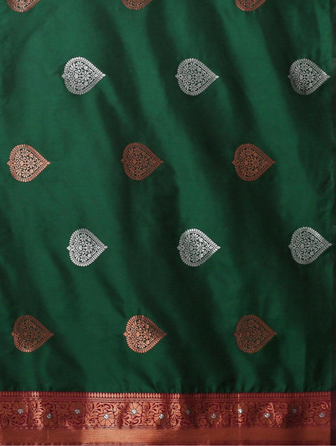 Green Banarasi Soft Silk Saree with Copper & Silver Zari – Wedding & Festive Wear