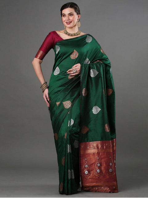 Green Banarasi Soft Silk Saree with Copper & Silver Zari – Wedding & Festive Wear