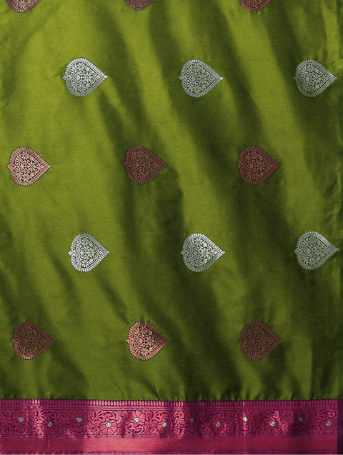 Royal Olive Green Banarasi Soft Silk Saree with Pink Border & Copper-Silver Zari