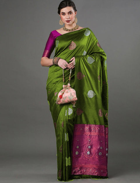 Royal Olive Green Banarasi Soft Silk Saree with Pink Border & Copper-Silver Zari