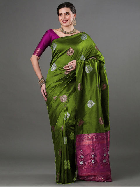 Royal Olive Green Banarasi Soft Silk Saree with Pink Border & Copper-Silver Zari