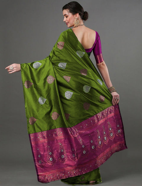 Royal Olive Green Banarasi Soft Silk Saree with Pink Border & Copper-Silver Zari