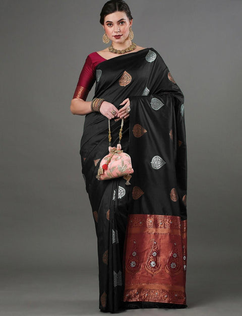 Black Banarasi Soft Silk Saree with Copper & Silver Zari – Wedding & Festive Wear