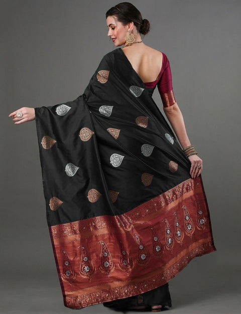Black Banarasi Soft Silk Saree with Copper & Silver Zari – Wedding & Festive Wear