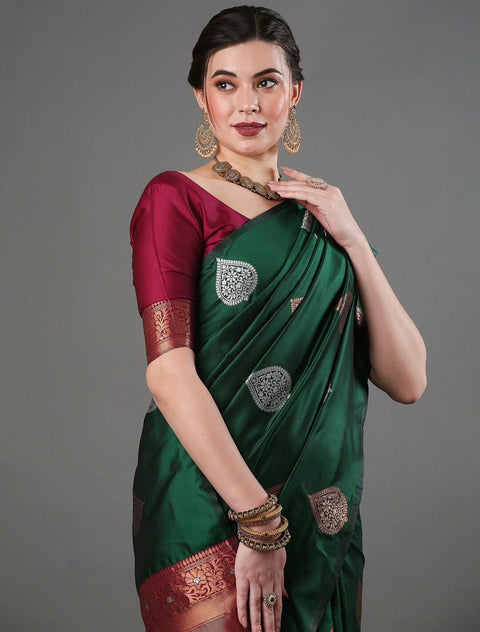 Green Banarasi Soft Silk Saree with Copper & Silver Zari – Wedding & Festive Wear