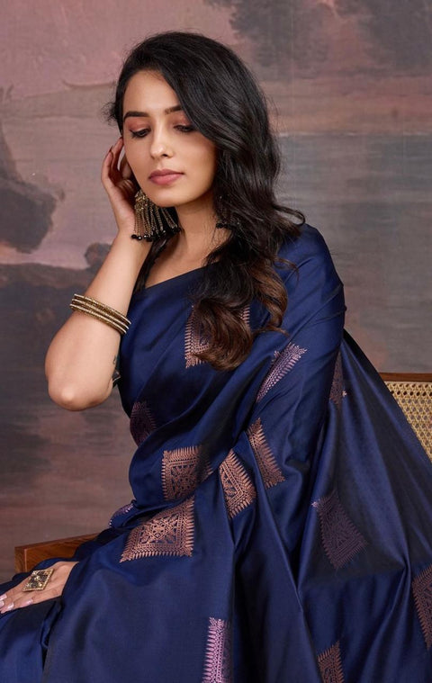 Royal Navy Blue Banarasi Soft Silk Saree with Copper & Pink Zari Woven Pallu and Traditional Motifs