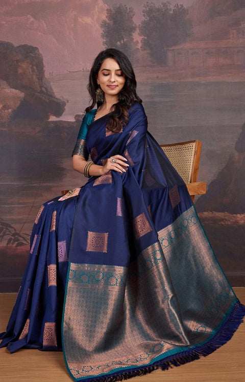 Royal Navy Blue Banarasi Soft Silk Saree with Copper & Pink Zari Woven Pallu and Traditional Motifs