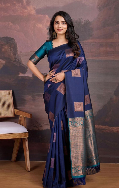 Royal Navy Blue Banarasi Soft Silk Saree with Copper & Pink Zari Woven Pallu and Traditional Motifs