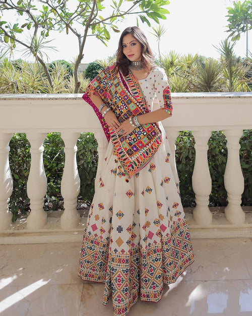 Navratri Garba Lehenga Choli Set with Digital Print, Real Mirror Work, Muslin Cotton & 4M Flair