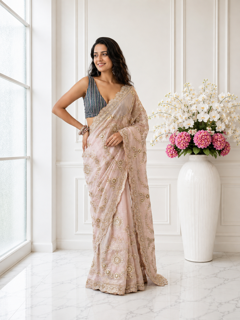 Satin Organza Wedding Wear Saree with Heavy Jaal Work & Contrast Embroidered Blouse