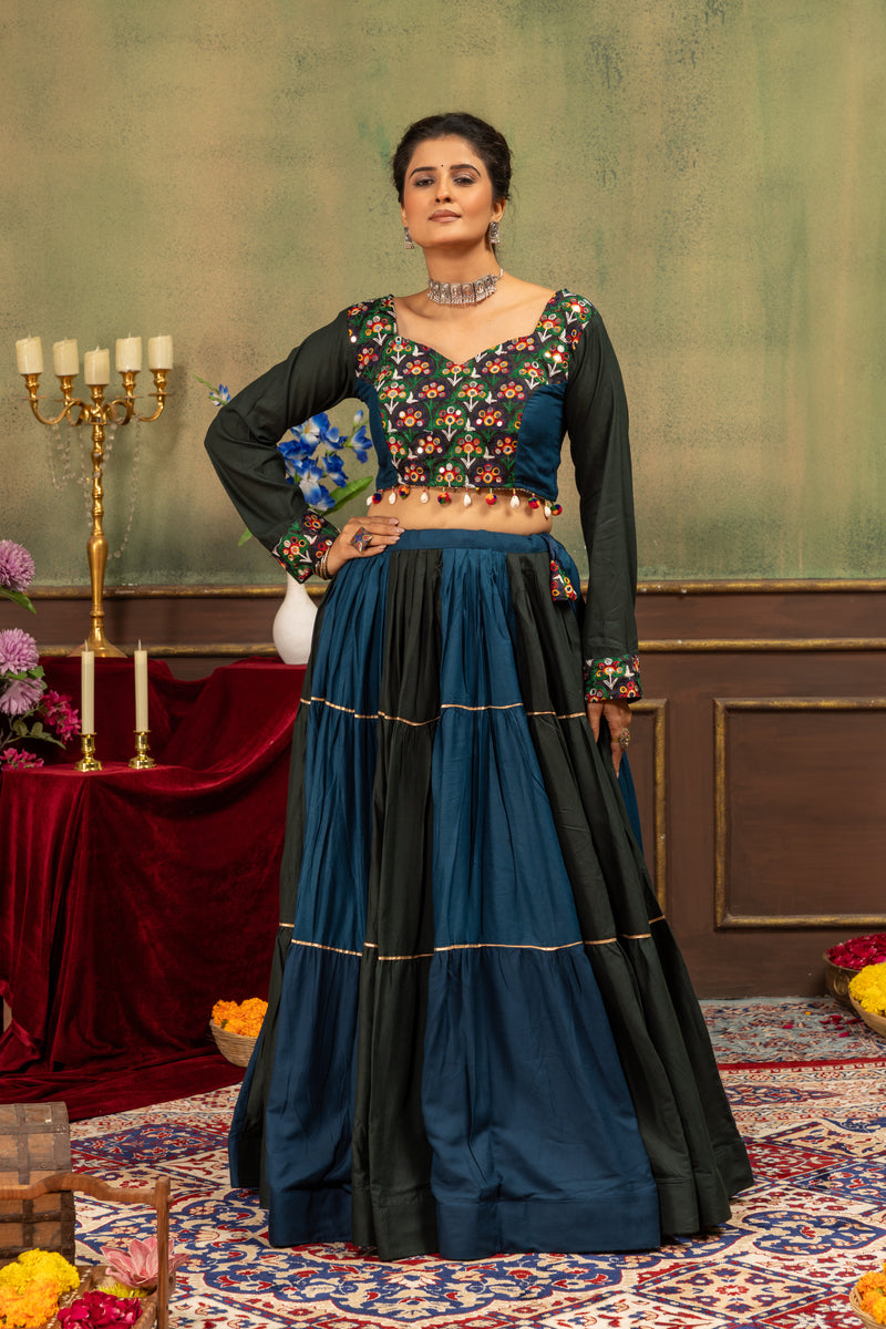 Premium Navratri Ruffle Lehenga with Fully Stitched Embroidered Blouse, Gota Lace & Mirror Work