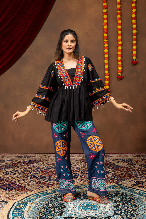 Navratri Kediya Denim Set | Real Mirror Embroidery & High-Waist Jeans