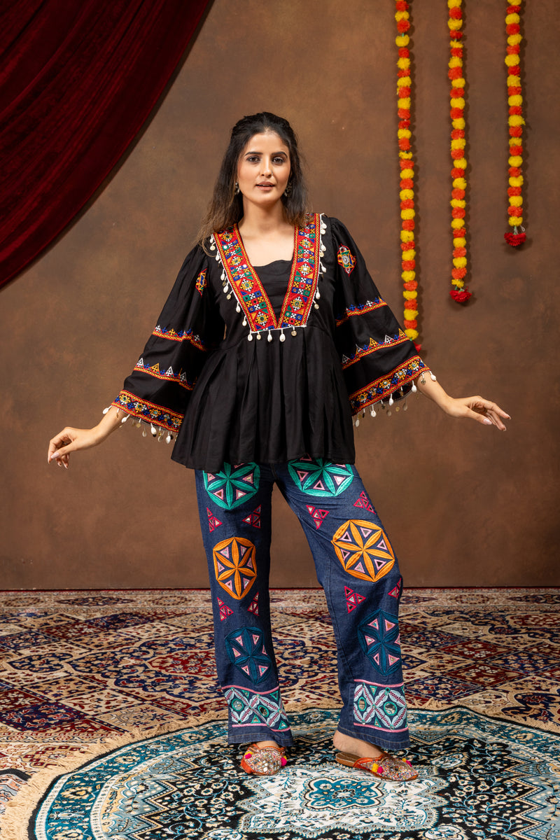Navratri Kediya Denim Set | Real Mirror Embroidery & High-Waist Jeans