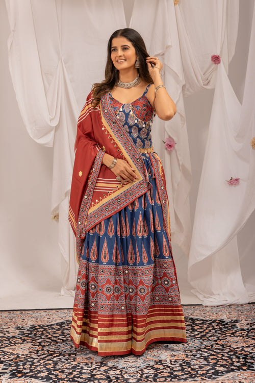 Navratri Ajrakh Print Lehenga Choli with Real Mirror Work | Natural Crepe