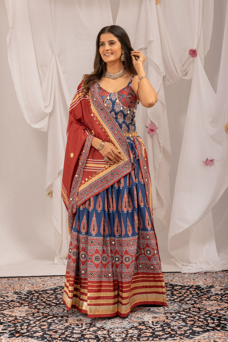 Navratri Ajrakh Print Lehenga Choli with Real Mirror Work | Natural Crepe