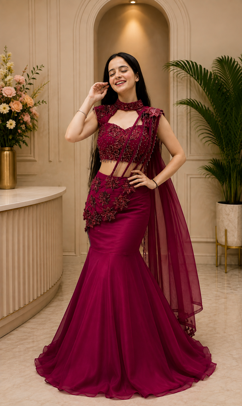 Sequins Embroidery Lehenga Choli Set – Wine & Royal Blue