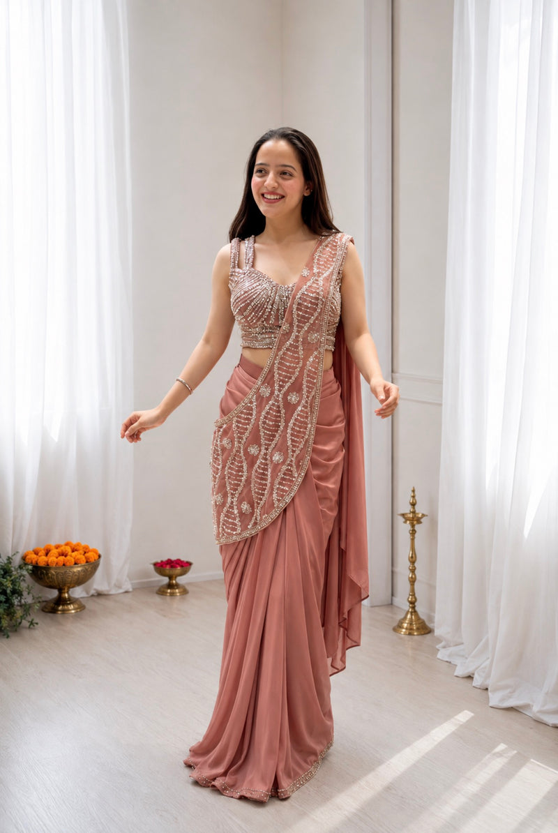 Ready to Wear Crepe Silk Saree with Embroidery & Sequins Work | Stitched Blouse & Attached Pallu | Partywear Festive Saree for Women