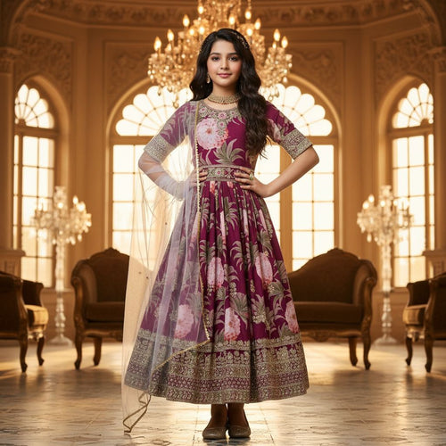 Premium Fox Georgette Kids Gown | Digital Print & Sequin Embroidery | Net Dupatta | Wedding, Party & Festive Wear | Ages 3–15 Years