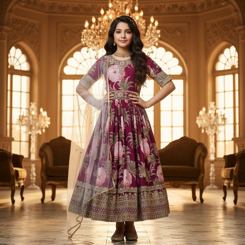 Premium Fox Georgette Kids Gown | Digital Print & Sequin Embroidery | Net Dupatta | Wedding, Party & Festive Wear | Ages 3–15 Years