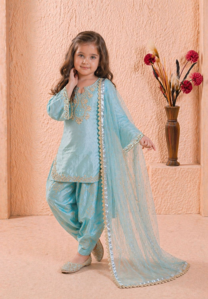 Premium Roman Glass Silk Kids Farshi Palazzo Set | Heavy Embroidery & Sequin Work | Organza Dupatta | Party & Wedding Wear