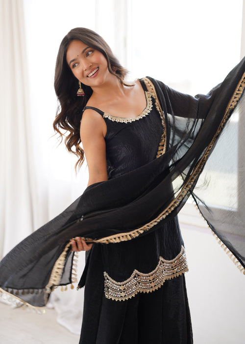 Designer Black Sharara Suit for Women | Embroidery Cording & Mirror Work