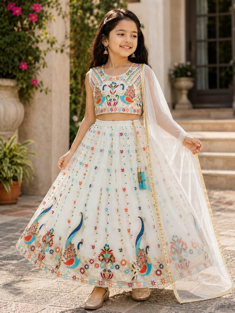 Premium Rajwadi Mor Design Kids Lehenga Choli | Heavy Multicolor Embroidery | Net Dupatta | Wedding & Festive Wear