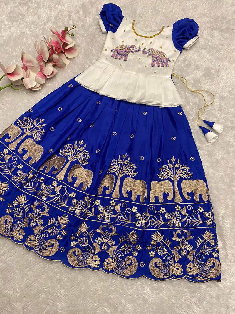 Premium Chinnon Silk Kids Lehenga Choli | Zari Embroidery & Cutwork Border | Can-Can Flare | Ages 1–15 Years