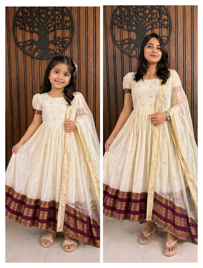 Kids & Adults Matching Cotton Silk Gown | Heavy Zari Weaving Border | Full-Flare Canvas Finish | Combo Collection