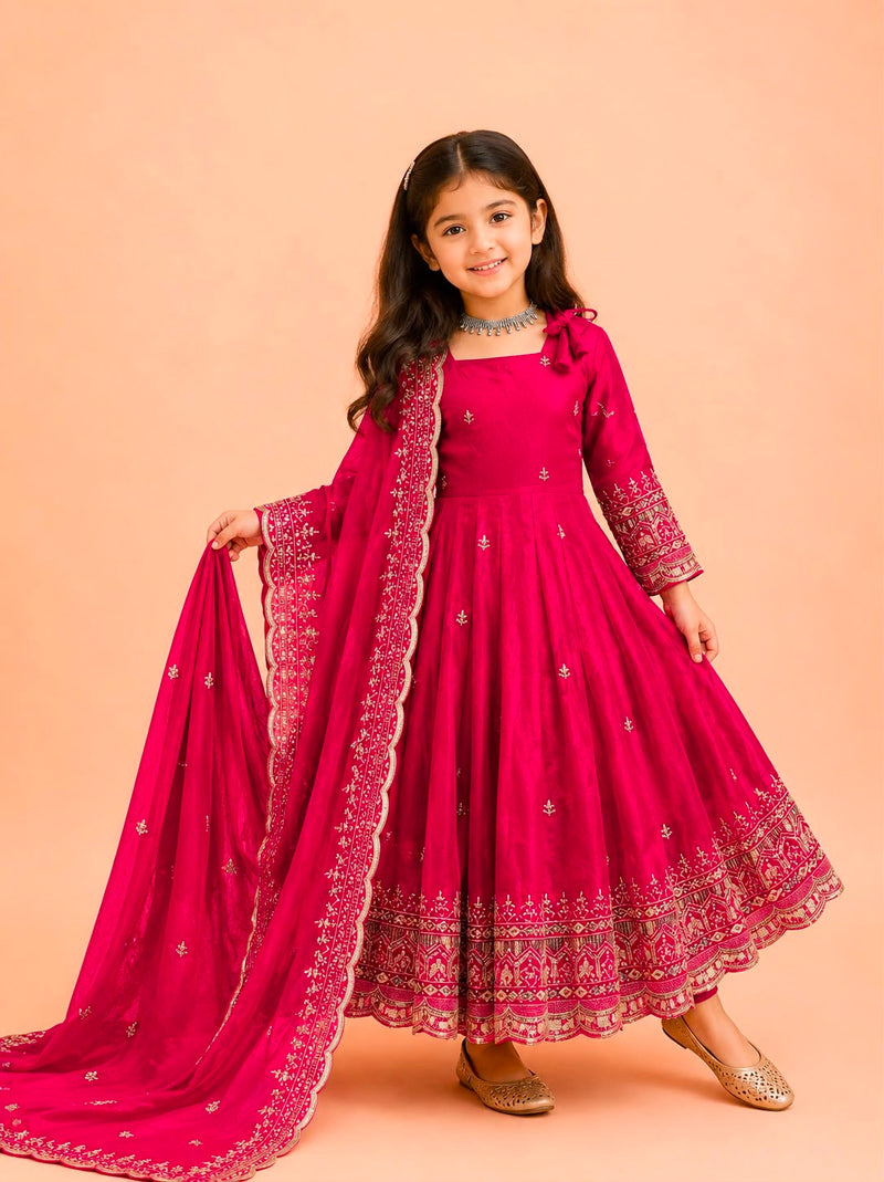 Premium Fendy Silk Kids Gown Set | Sequin Embroidery Work | Wedding, Party & Festive Wear | Ages 3–15 Years