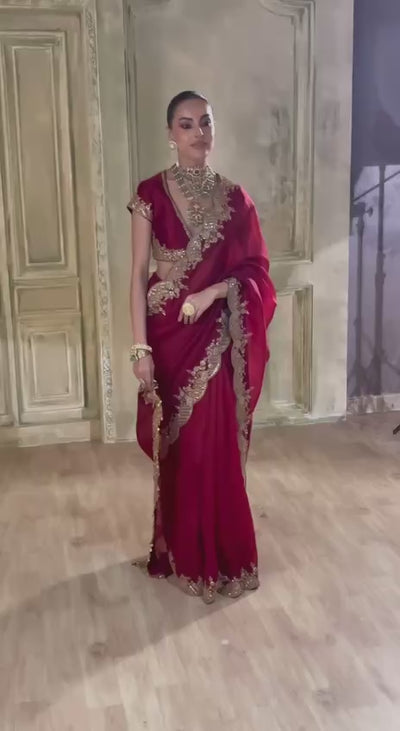 Space Satin Saree with Thread & Sequin Work | Stitched Embroidered Blouse
