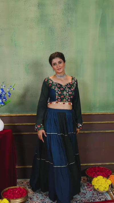 Premium Navratri Ruffle Lehenga with Fully Stitched Embroidered Blouse, Gota Lace & Mirror Work