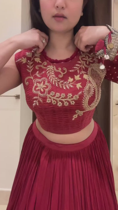 Premium 3-Piece Party Wear Flared Lehenga, Blouse & Shrug Set in Rust, Purple, Red, and Green
