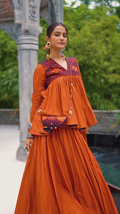 Women's Navratri Special Pure Cotton Flared Lehenga Set with Matching Embroidered Purse