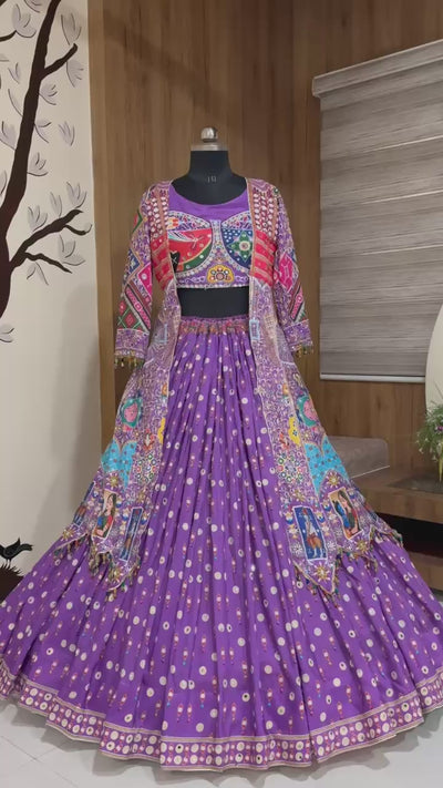 Navratri Muslin Cotton Chaniya Choli with Real Mirror Work & Long Koti