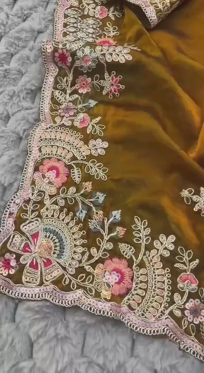 Shofiya Fendy Satin Saree with Sequin Cording Embroidery & Unstitched Blouse