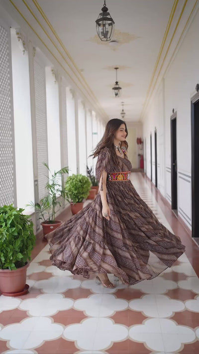 Women's Navratri Special Faux Georgette Bandhani Print Gown with Gamathi Work Waistband