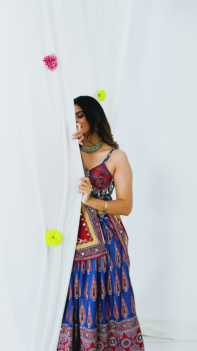 Navratri Ajrakh Print Lehenga Choli with Real Mirror Work | Natural Crepe