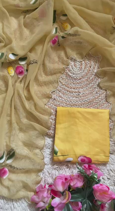 Premium Rose Gold Saree | Flower Handprint & Brush Print | Cutdana Handwork Border | Silk Handprint Blouse